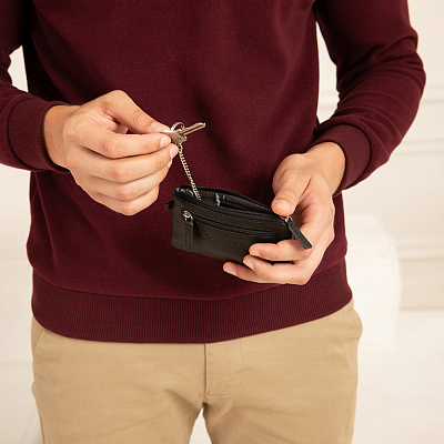 Ключница BUGATTI Primo, чёрная, натуральная воловья кожа, 12,5х0,5х7 см