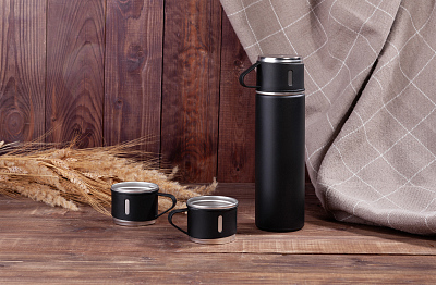 Набор подарочный "Алтай": термос, 3 кружки, пудра, черный