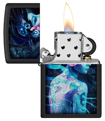 Зажигалка ZIPPO Cyborg Woman с покрытием Black Light, латунь/сталь, черная, матовая 38x13x57 мм