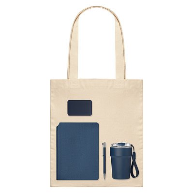 Подарочный набор Welcome Pack, синий (термокружка, ежедневник, ручка, ЗУ, шоппер) (Синий, бежевый)