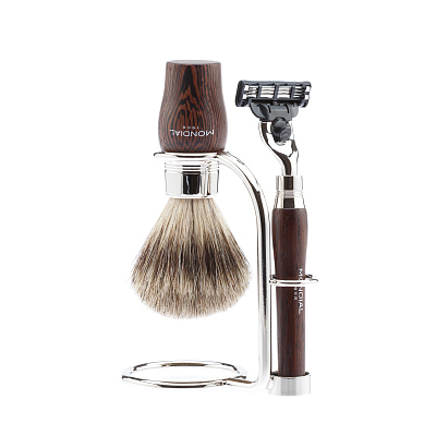 Бритвенный набор Mondial: станок MACH3, помазок, подставка; венге