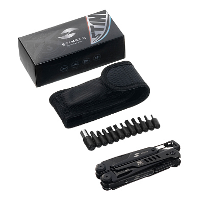 Мультитул Stinger, 115 мм, 14 функций, сталь, черный, в комплекте нейлоновый чехол