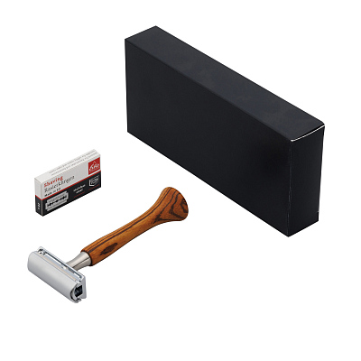 Станок Т-образный для бритья ERBE с двумя лезвиями, нержавеющая сталь, зебрано, хромированное покрытие, коричневый цвет, в картонной коробке