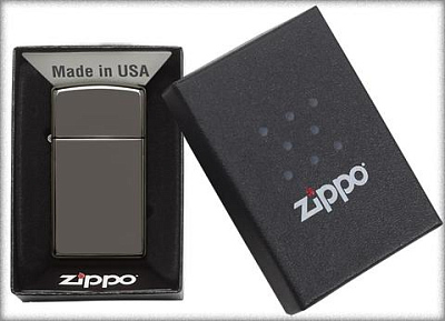 Зажигалка ZIPPO Slim® с покрытием Black Ice ®, латунь/сталь, чёрная, глянцевая, 29x10x60 мм