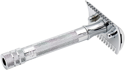 Cтанок Т-образный для бритья MERKUR 15C, глянцевое хромированное покрытие, открытый зубчатый гребень, короткая ручка, лезвие в комплекте (1 шт)