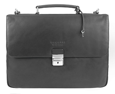 Портфель BUGATTI Romano 15'', чёрный, натуральная воловья кожа, 39х8х30 см