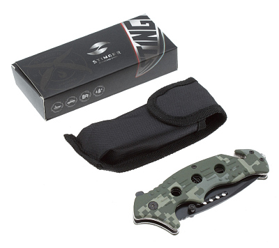 Нож складной Stinger, 95 мм, (чёрный), материал рукояти: алюминий (зелёный камуфляж)