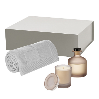 Подарочный набор Мизу (Mizu), Селла Софт (Cella Soft), бежевый (свеча, диффузор, плед) (Бежевый, серый)