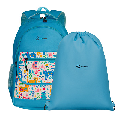 Рюкзак TORBER CLASS X, зелёный с орнаментом, 45 x 30 x 18 см + Мешок для сменной обуви в подарок! (Зеленый)