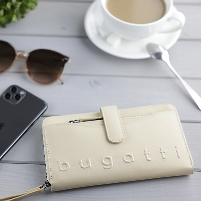 Кошелёк женский BUGATTI Daphne с ключницей, бежевый цвет, воловья кожа/полиэстер, 19х3х11 см