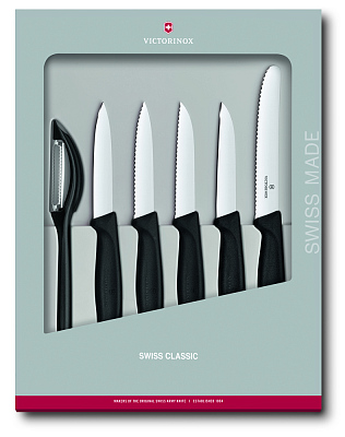 Набор из 6 кухонных приборов VICTORINOX Swiss Classic: 5 ножей, овощечистка, черная рукоять (Черный)