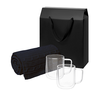 Подарочный набор Viora, Fado в черной коробке-пакете (2 кружки+плед) (Прозрачный, синий, черный)