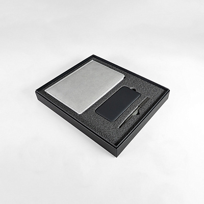 Набор подарочный BLISS: ежедневник, ручка и power bank в коробке  с ложементом (Серый)