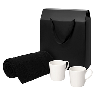 Подарочный набор Siena, Cella, черный в коробке-пакете (две фарфоровых кружки, плед) (Черный, белый)