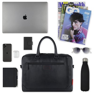 Портфель мужской BUGATTI Clark, чёрный, воловья кожа/полиэстер, 40х9,5х29 см, 10 л