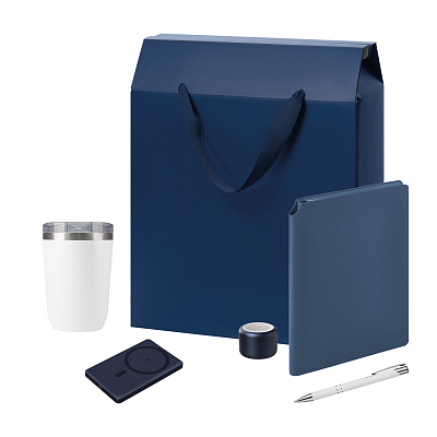 Подарочный набор Велком Пак Премиум (Welcome Pack Premium)  (термокружка, колонка, ежедневник, ручка, ЗУ, коробка-пакет) (Синий)