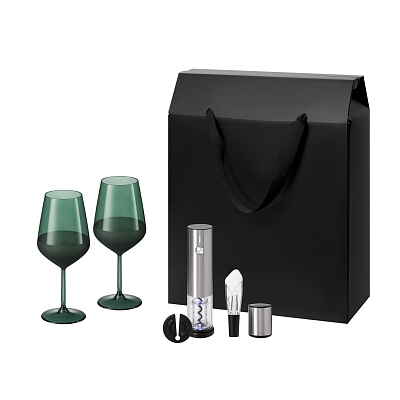 Подарочный набор Emerald, Vintaro (2 бокала + набор для вина) (Зеленый, серебряный, черный)