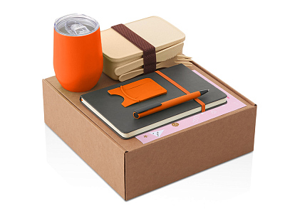 Набор Refreshment с термокружкой, блокнотом, ручкой и ланчбоксом (Оранжевый, серый)