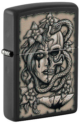 Зажигалка ZIPPO Gory Tattoo с покрытием Black Matte, латунь/сталь, черная, матовая, 38x13x57 мм