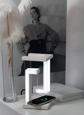 Левитирующая настольная лампа "Twin" с функцией беспроводной зарядки, белый