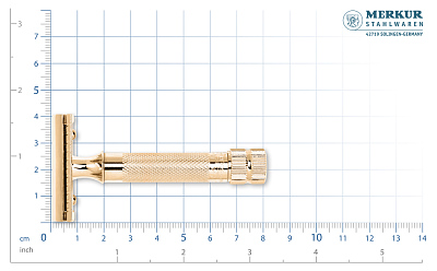 Станок Т-образный для бритья MERKUR 34G, глянцевое хромированное покрытие, прямой срез, закрытый гребень, золотистый цвет, лезвие в комплекте (1 шт)