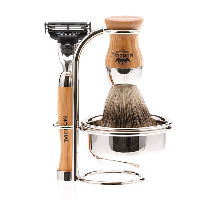 Бритвенный набор Mondial: станок, помазок, чаша, подставка; оливковое дерево (Коричневый)