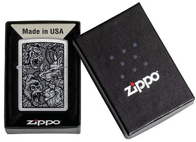 Зажигалка ZIPPO Jungle Design с покрытием Street Chrome, латунь/сталь, серебристая, 38x13x57 мм