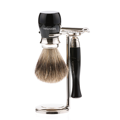 Бритвенный набор Mondial: классический Т-образный станок, помазок, подставка; чёрная смола