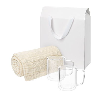 Подарочный набор Viora, Fado в белой коробке-пакете (2 кружки+плед) (Прозрачный, бежевый, белый)