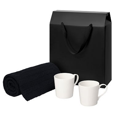 Подарочный набор Siena, Fado, темно-синий в черной коробке-пакете (две фарфоровых кружки, плед) (Черный, белый)