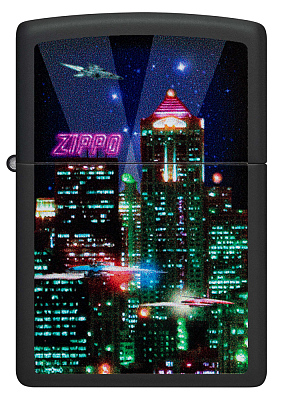 Зажигалка ZIPPO Cyber City с покрытием Black Matte, латунь/сталь, черная 38x13x57 мм