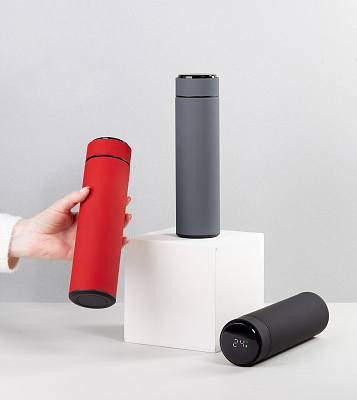 Термос "Бостон next" 500 мл с индикацией температуры, soft touch, сменная батарейка, черный