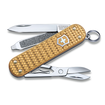 Нож-брелок VICTORINOX Classic SD Precious Alox "Brass Gold", 58 мм, 5 функций, золотистый