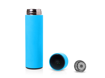 Термос FAMILY MARK LED, индикатор, soft touch (Голубой)