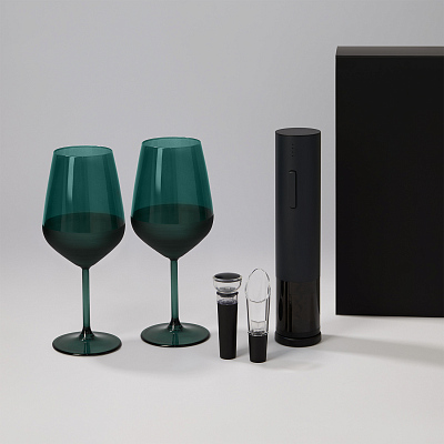 Подарочный набор 2 бокала для вина Emerald + набор для вина Sacramento в черной коробке (Зеленый, черный)