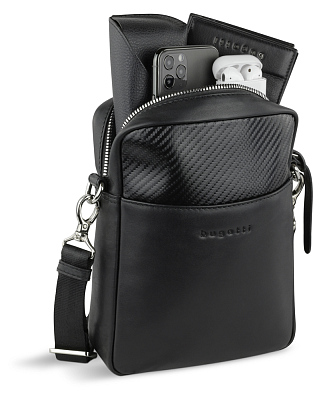 Сумка наплечная мужская BUGATTI Comet, чёрная, воловья кожа/полиэстер, 17х4,7х21 см