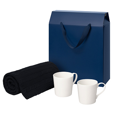 Подарочный набор Siena, Fado, темно-синий в коробке-пакете (две фарфоровых кружки, плед) (Синий, белый)