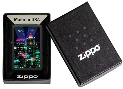 Зажигалка ZIPPO Cyber City с покрытием Black Matte, латунь/сталь, черная 38x13x57 мм