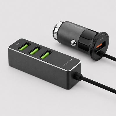 АЗУ 1 USB + 3 USB для пассажиров, QC 3.0, 7Аa (Графит)