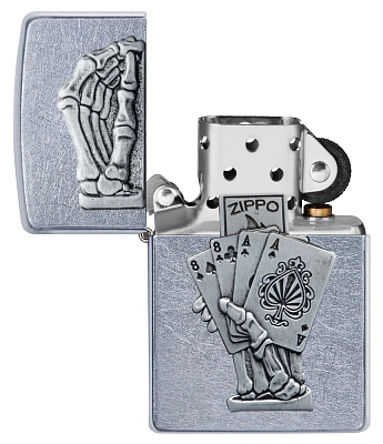 Зажигалка ZIPPO Dead Mans Hand с покрытием Street Chrome, латунь/сталь, серебристая, 38x13x57 мм