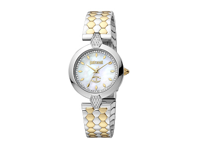 Наручные часы, женские (Корпус- стальной, планки инкрустированы кристаллами Swarovski, циферблат- белый, натуральный перламутр, кристаллы Swarovski, крепление- стальной/желтое золото)