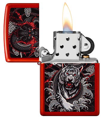 Зажигалка ZIPPO Dragon Tiger Design с покрытием Metallic Red, латунь/сталь, красная, 38x13x57 мм
