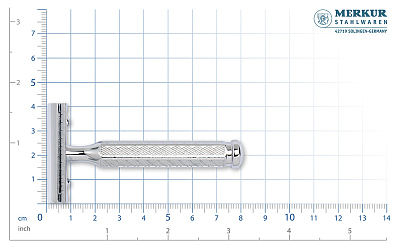 Cтанок Т-образный для бритья MERKUR 42C, глянцевое хромированное покрытие, прямой срез, закрытый гребень, короткая ручка, лезвие в комплекте (1 шт)