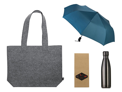 Подарочный набор с зонтом и термобутылкой в шопере (Морская волна, синий)