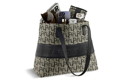 Сумка женская BUGATTI Elea, бежево-черный цвет, жаккард/воловья кожа/полиэстер, 34х12х29 см