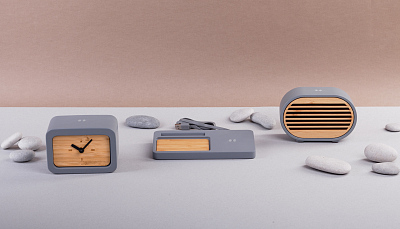 Часы "Stonehenge" с беспроводным зарядным устройством, камень/бамбук, серый/бежевый