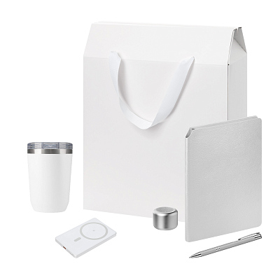 Подарочный набор Welcome Pack Premium, серебряный (термокружка, колонка, ежедневник, ручка, ЗУ, коробка-пакет) (Серебряный, белый)