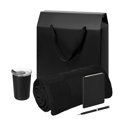 Подарочный набор Welcome Pack Spark mini, черный (термокружка, блокнот, ручка, плед, коробка-пакет) (Чёрный)