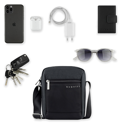 Сумка наплечная мужская BUGATTI Sera, антрацитовая, полиэстер, 17х5,5х21 см, 1,5 л