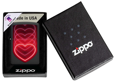 Зажигалка ZIPPO Hearts Design с покрытием Black Light, латунь/сталь, черная, матовая, 38x13x57 мм